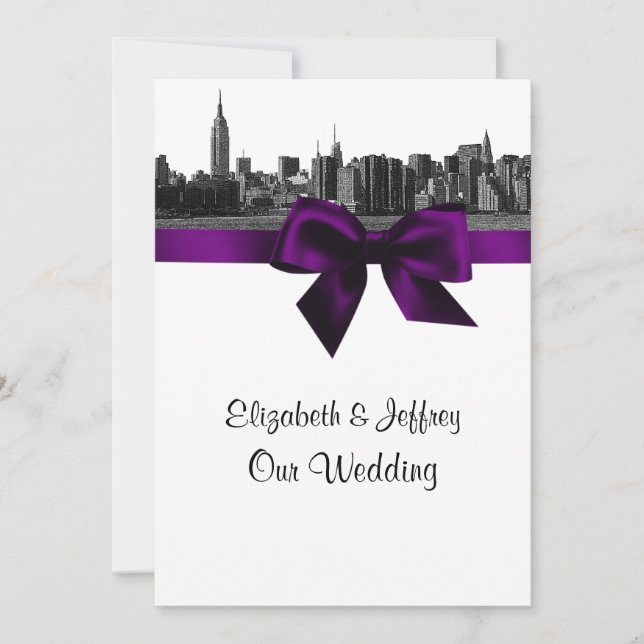 NYC Wide Skyline Etched BW Purple Wedding Invitation (Front)