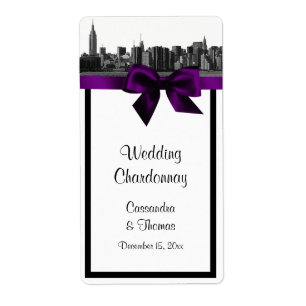 NYC Wide Skyline Etched BW Purple Wine Label