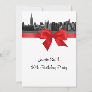 NYC Wide Skyline Etched BW Red Birthday Party Invitation