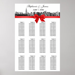 NYC Wide Skyline Etched BW Red Bow Poster