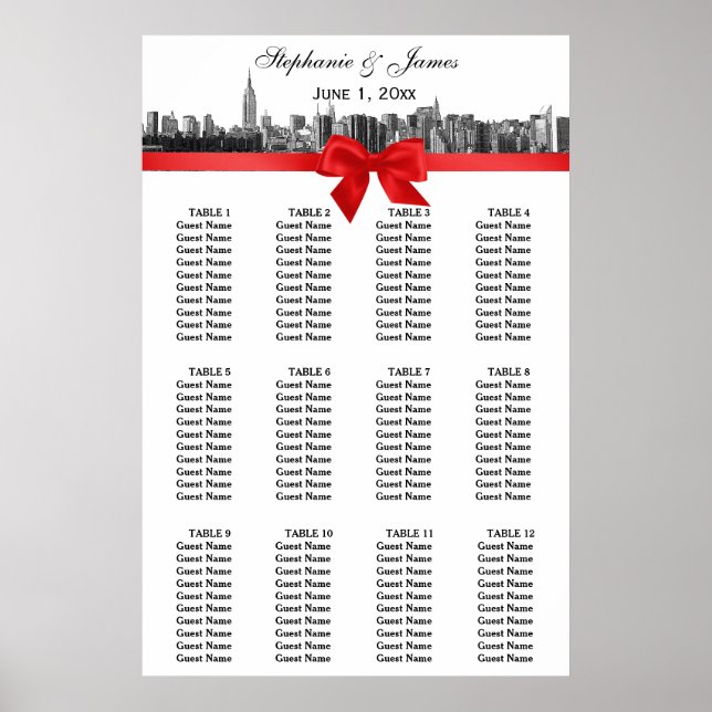 NYC Wide Skyline Etched BW Red Bow Poster (Front)