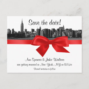 NYC Wide Skyline Etched BW Red Save the Date Announcement Postcard