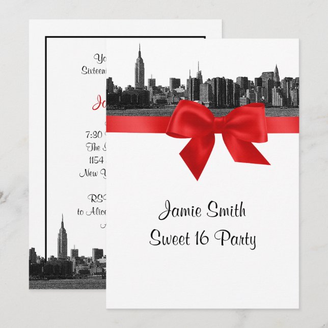 NYC Wide Skyline Etched BW Red Sweet Sixteen Invitation (Front/Back)