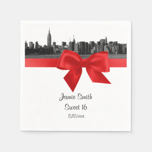 NYC Wide Skyline Etched BW Red Sweet Sixteen Napkin