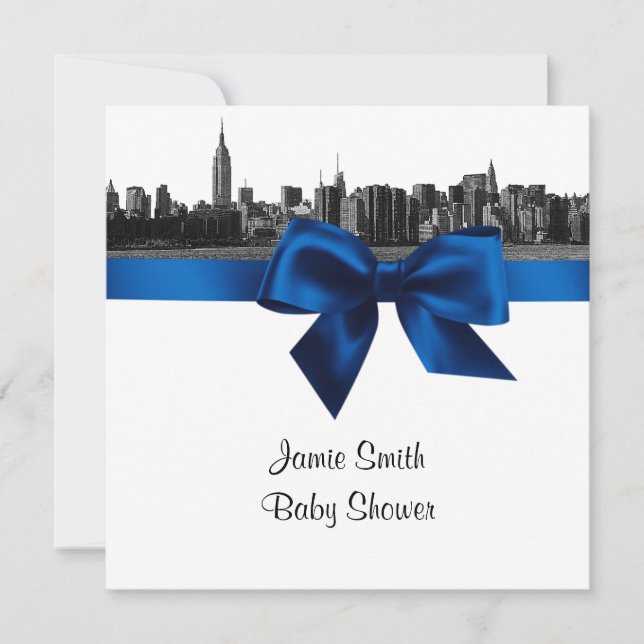 NYC Wide Skyline Etched BW Royal Bl Baby Shower SQ Invitation (Front)