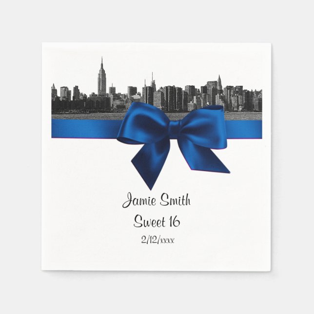 NYC Wide Skyline Etched BW Royal Blu Sweet Sixteen Napkin (Front)