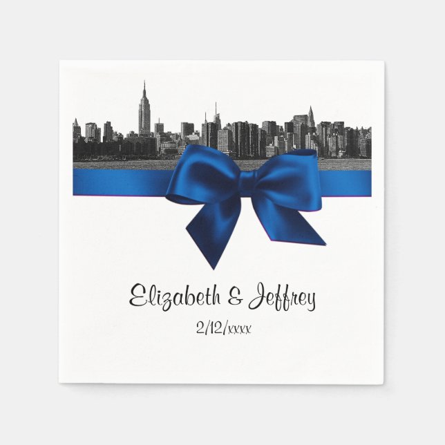 NYC Wide Skyline Etched BW Royal Blue Wedding Napkin (Front)