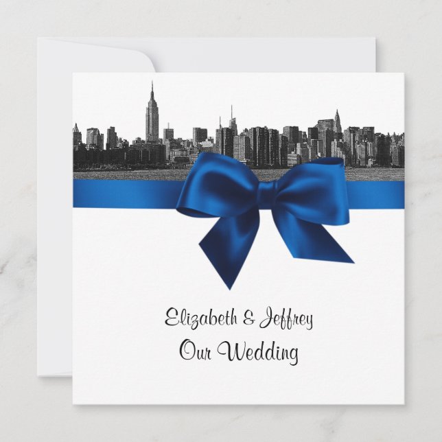 NYC Wide Skyline Etched BW Royal Blue Wedding SQ Invitation (Front)