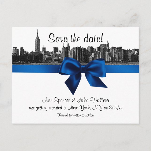 NYC Wide Skyline Etched BW Royal Save the Date Announcement Postcard (Front)