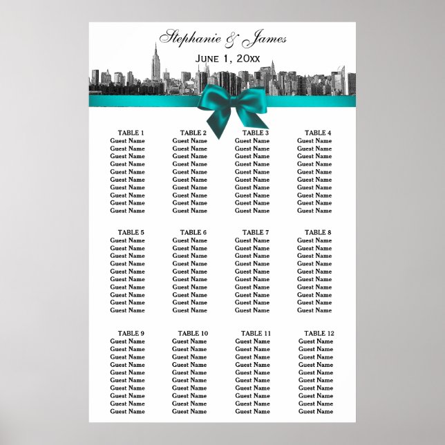 NYC Wide Skyline Etched BW Teal Bow Seating Chart (Front)