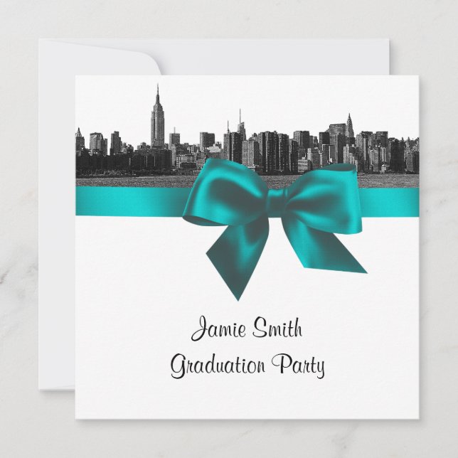 NYC Wide Skyline Etched BW Teal Graduation SQ Invitation (Front)