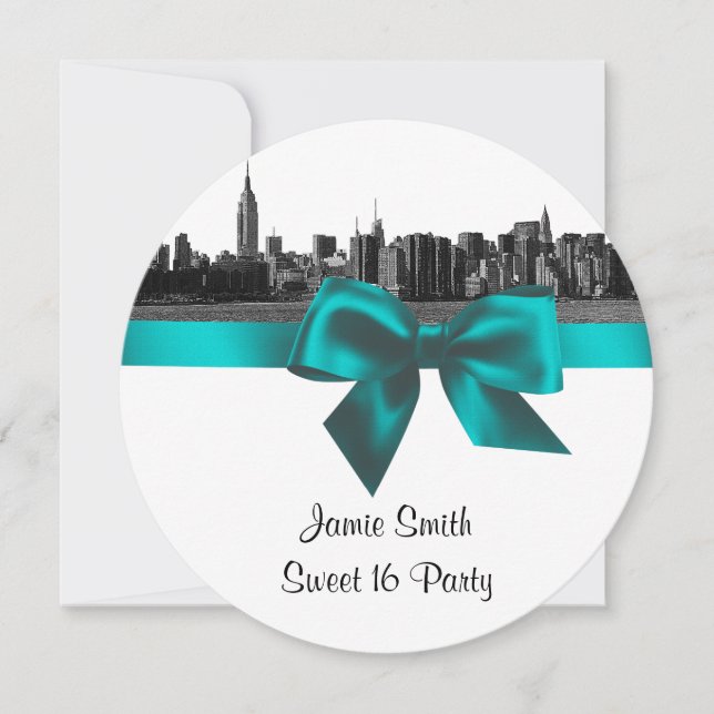 NYC Wide Skyline Etched BW Teal Sweet Sixteen SQ Invitation (Front)