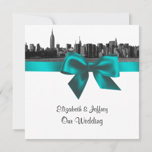 NYC Wide Skyline Etched BW Teal Wedding SQ Invitation