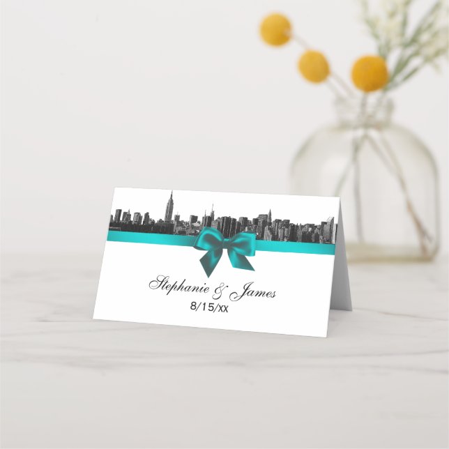 NYC Wide Skyline Etched BW TealWedding Escort Card (Front)