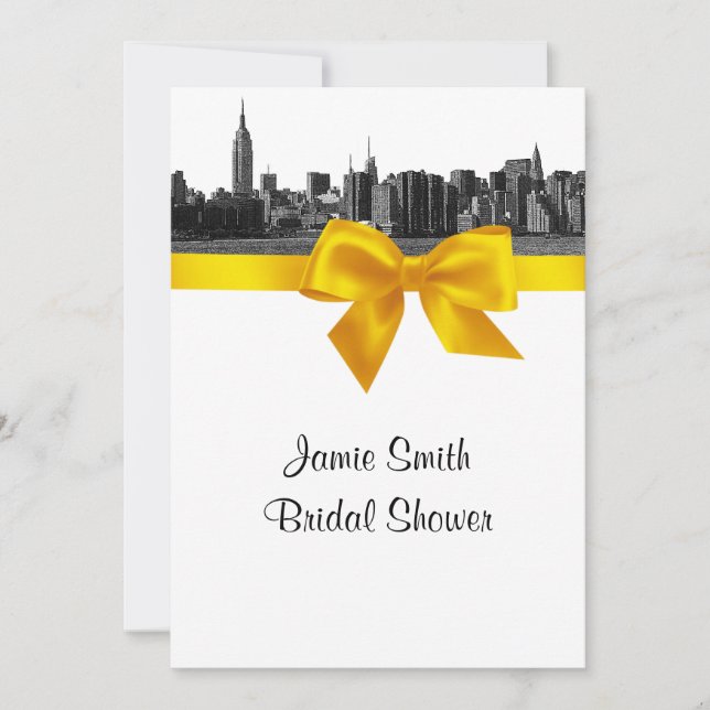 NYC Wide Skyline Etched BW Yellow Bridal Shower Invitation (Front)