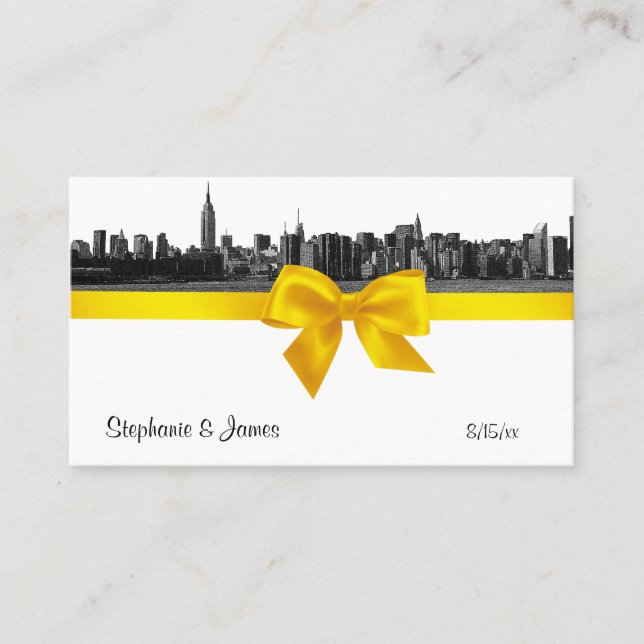 NYC Wide Skyline Etched BW Yellow Escort Cards (Front)