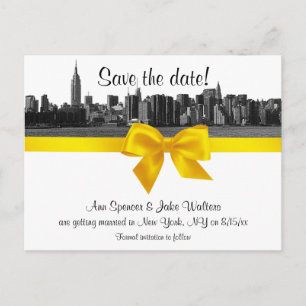 NYC Wide Skyline Etched BW Yellow Save the Date Announcement Postcard