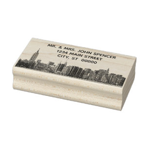 NYC Wide Skyline Etched Name Return Address Rubber Stamp