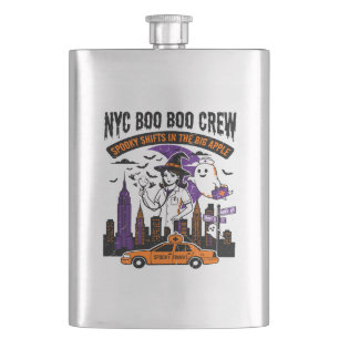 Nyc Witch And Ghost Halloween Night Shift Hip Flask