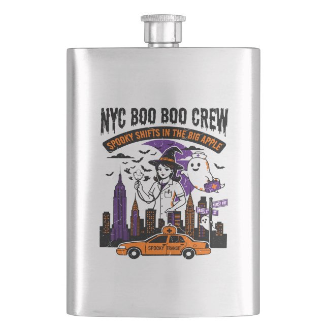 Nyc Witch And Ghost Halloween Night Shift Hip Flask (Front)
