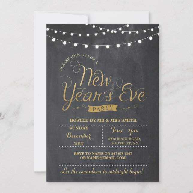 NYE New Year Year's Eve Party Gold Chalk Invite (Front)