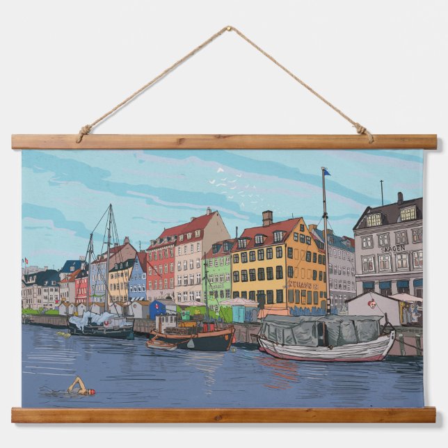 Nyhavn Copenhagen Denmark Whimsical llustration Hanging Tapestry (Front)