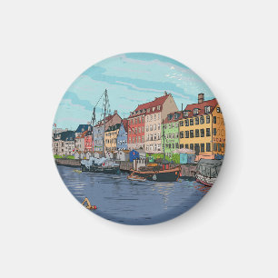 Nyhavn Copenhagen Denmark Whimsical llustration Magnet