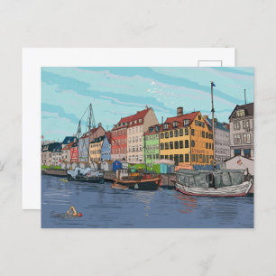 Nyhavn Copenhagen Denmark Whimsical llustration Postcard