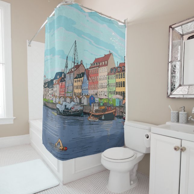 Nyhavn Copenhagen Denmark Whimsical llustration Shower Curtain (In Situ)