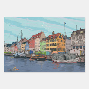 Nyhavn Copenhagen Denmark Whimsical llustration Wrapping Paper Sheet
