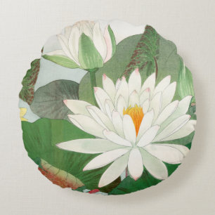 Nymphaea lotus, Japanese woodblock print, 1917 Round Cushion