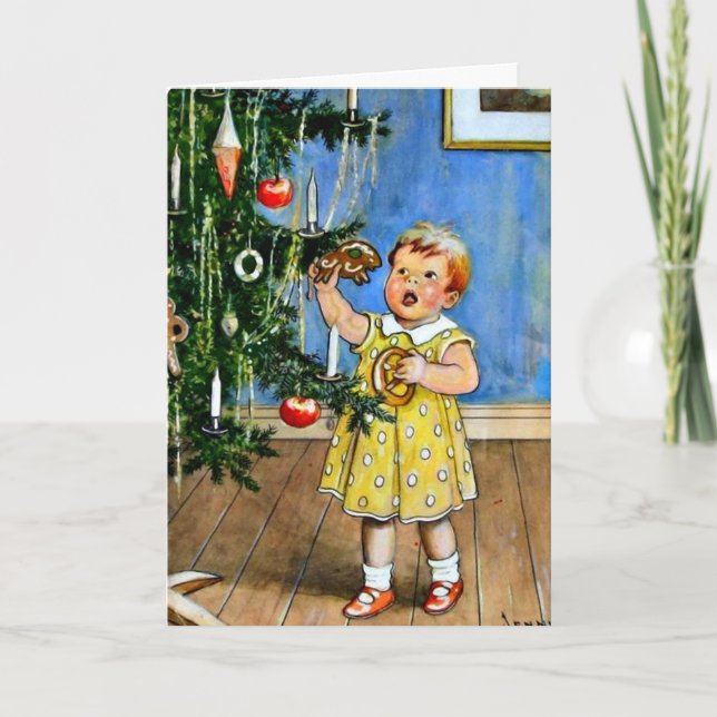 Nystrom - Girl by the Christmas tree, vintage Card (Front)