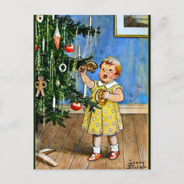 Nystrom - Girl by the Christmas tree, vintage Postcard (Front)
