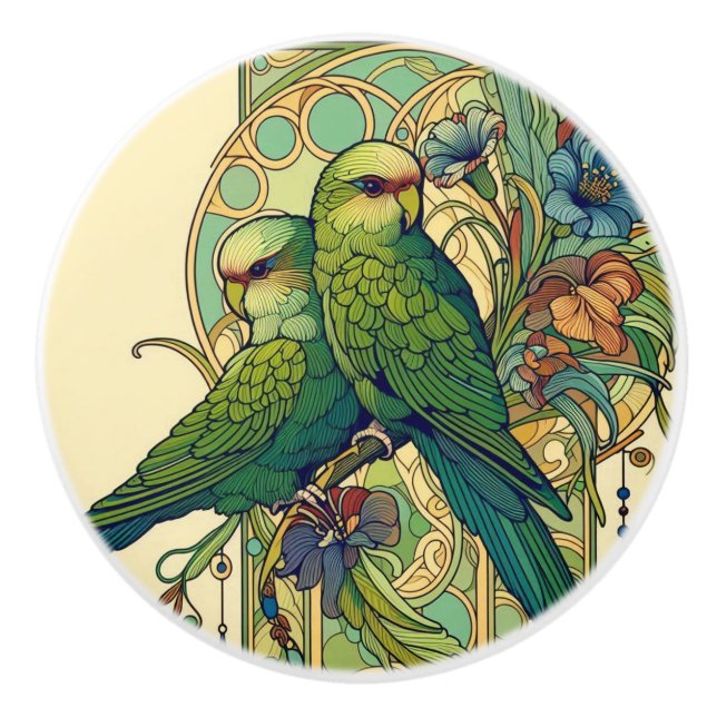 NZ Birds Kakariki art nouveau knob (Front)