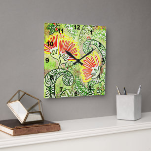 NZ LINE ART Chirstmas tree flowers Square Wall Clock