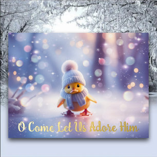 O Come Let Us Adore Him Baby Duckling Bible Verse Foil Holiday Postcard