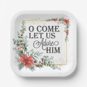 O Come Let Us Adore Him Christmas Red Floral Paper Plate
