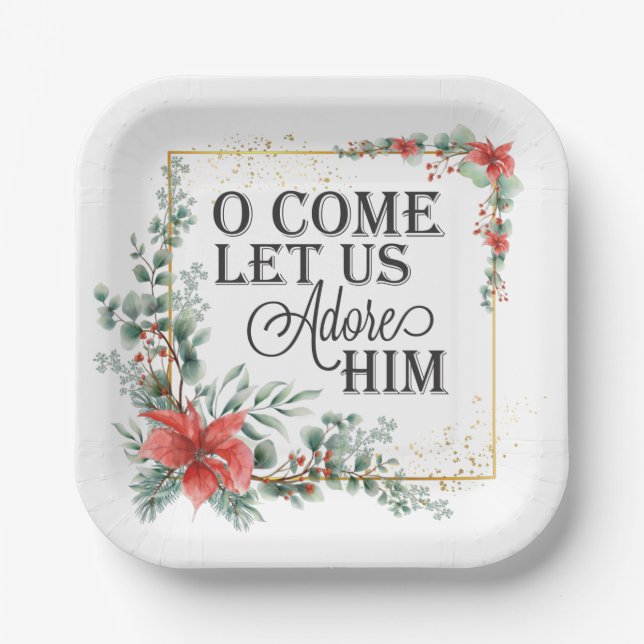 O Come Let Us Adore Him Christmas Red Floral Paper Plate (Front)