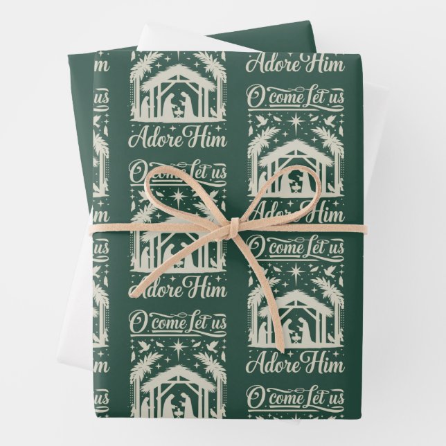 O Come Let Us Adore Him Nativity Scene Christian  Wrapping Paper Sheet (In situ)