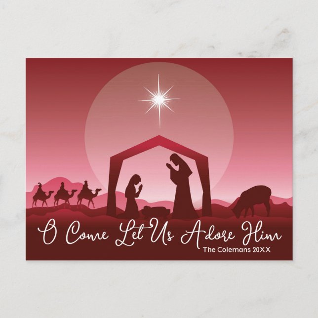 O Come Let Us Adore Him Nativity Scene Christmas Holiday Postcard (Front)