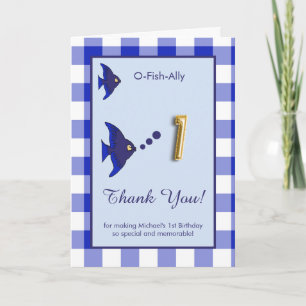 O Fish Ally 1st Birthday Photo Blue Gingham  Thank You Card