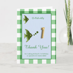 O Fish Ally 1st Birthday Photo Green Gingham  Thank You Card
