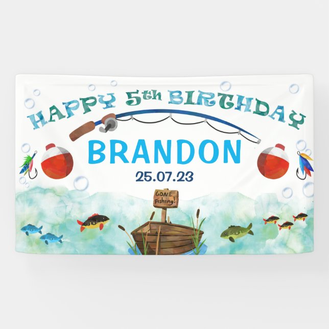 O-fish-ally fishing themed 5th birthday backdrop banner (Horizontal)