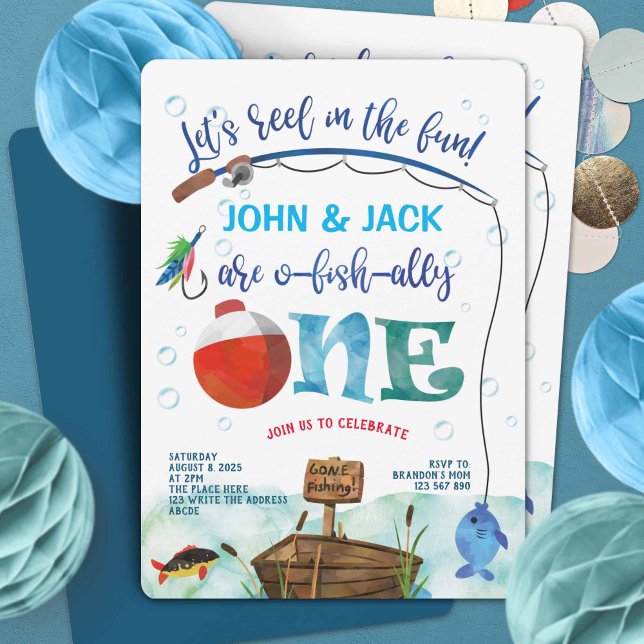O-fish-Ally, Little Fisherman, 1st Twins Birthday Invitation (Little Fisherman - twin boy 1st birthday invites. Fishing themed birthday party invitations.
)