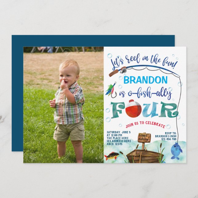 o-fish-ally, Little Fisherman 4th Birthday photo Invitation (Front/Back)