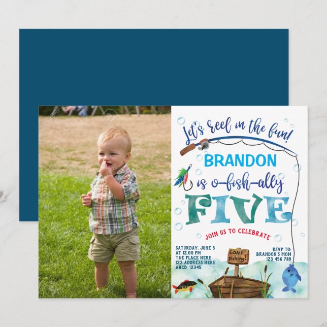 o-fish-ally, Little Fisherman 5th Birthday photo Invitation (Front/Back)