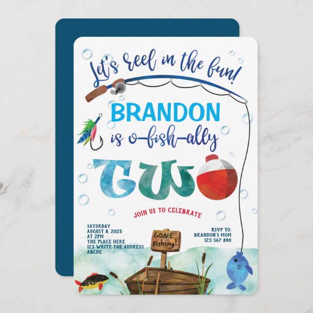 O-fish-Ally, Little Fisherman, Fishing 2nd Birthda Invitation (Front/Back)