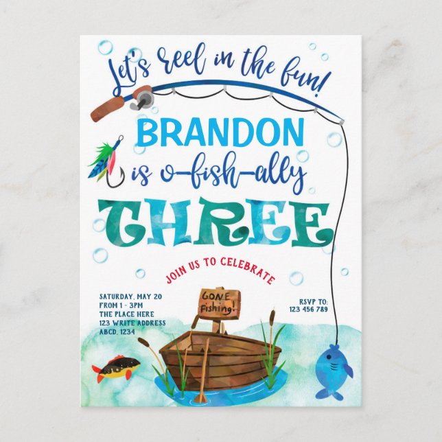 O-fish-Ally, Little Fisherman, Fishing 3rd Birthda Invitation Postcard (Front)