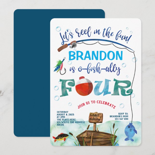 O-fish-Ally, Little Fisherman, Fishing  4th birthd Invitation (Front/Back)