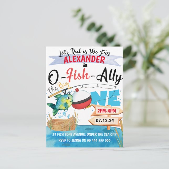 O-Fish-Ally One Fishing 1st Birthday Invitation Postcard (Standing Front)